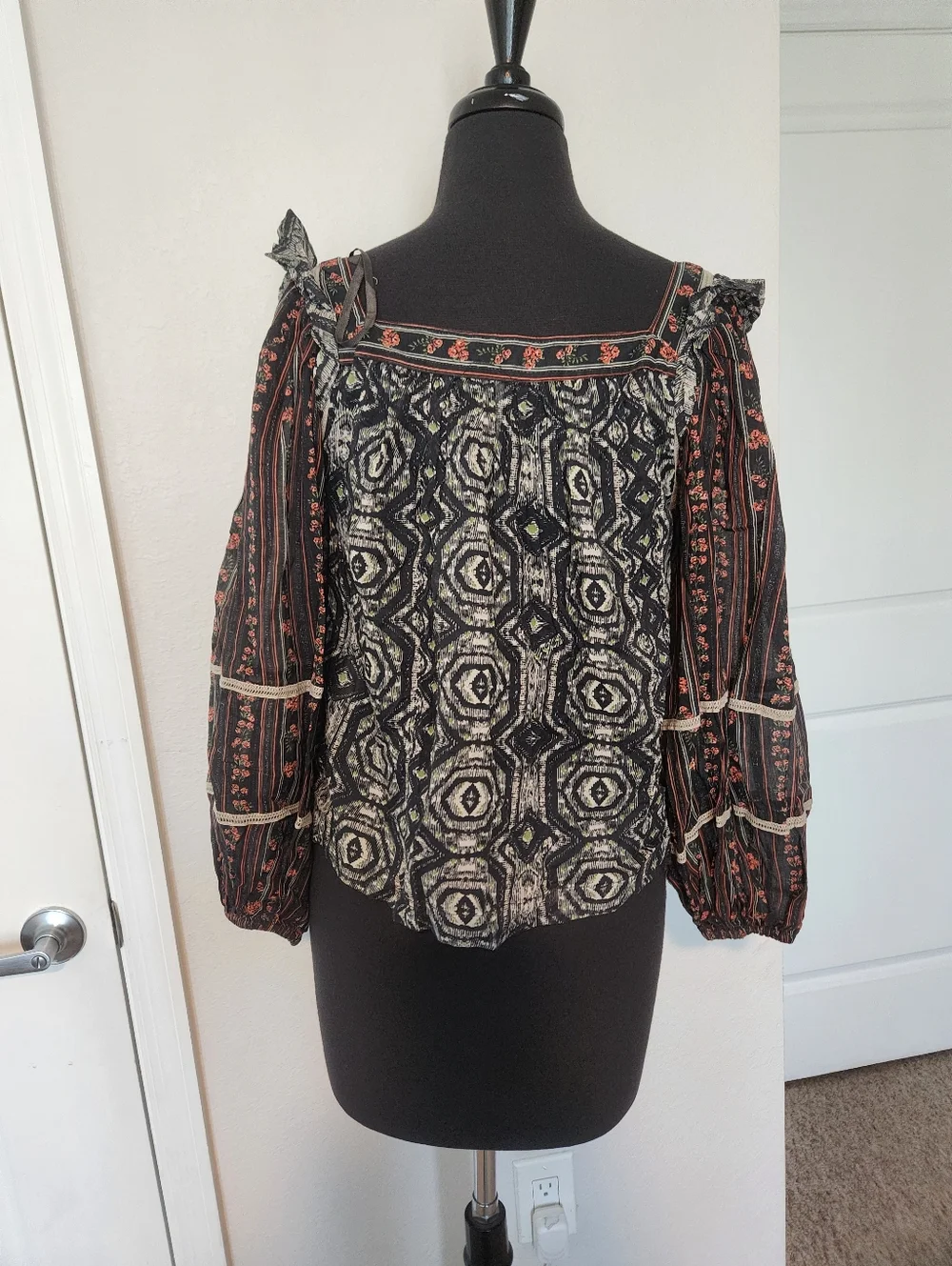 Bohemian Square-Neck Mixed Print Blouse - Black with Rust Accents